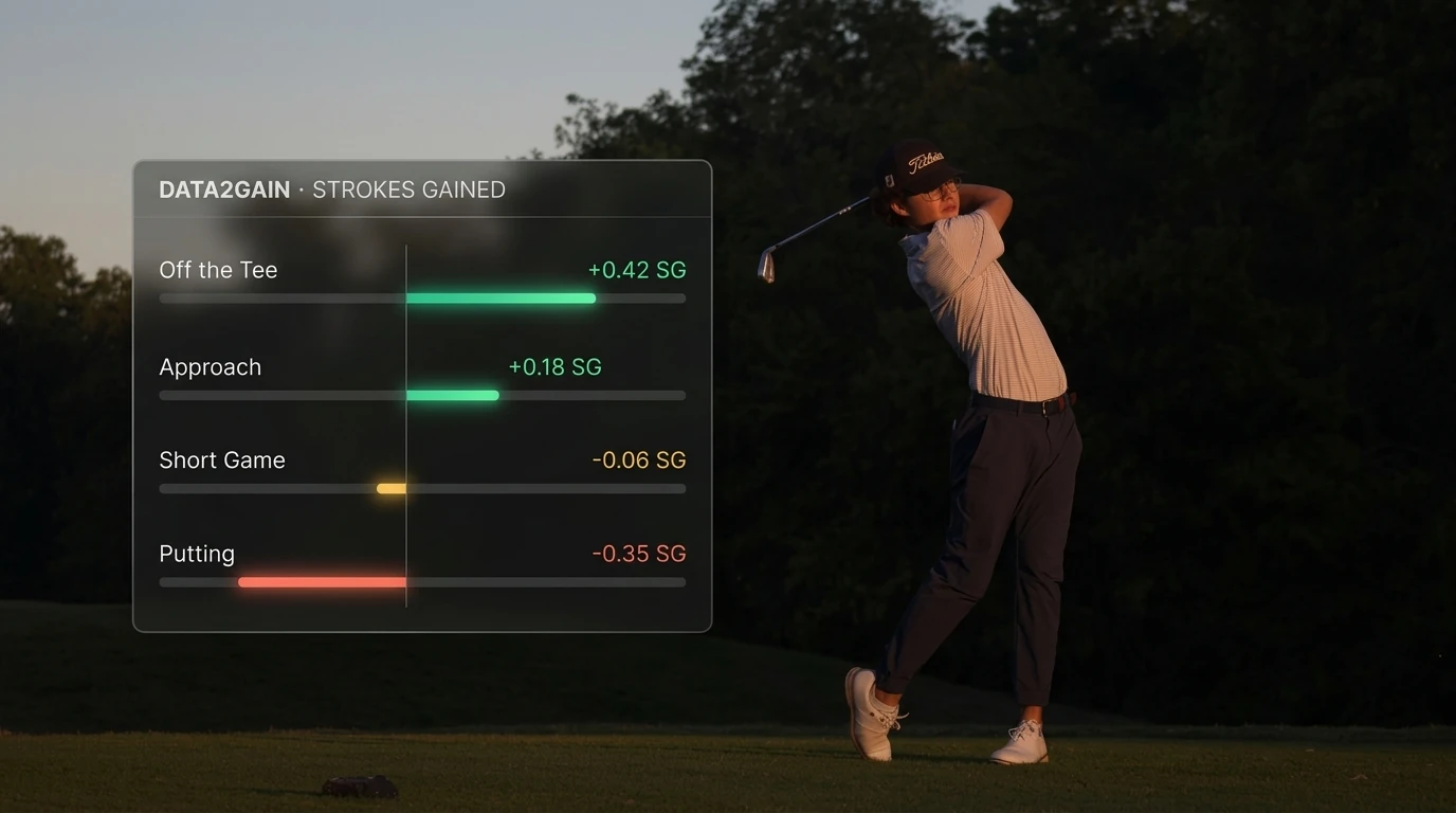 Joven golfista al atardecer con datos de Strokes Gained en transparencia