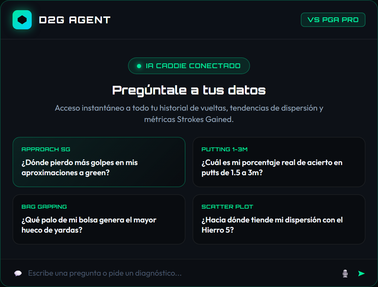 Data2Gain AI Agent: pantalla de bienvenida con opciones de análisis